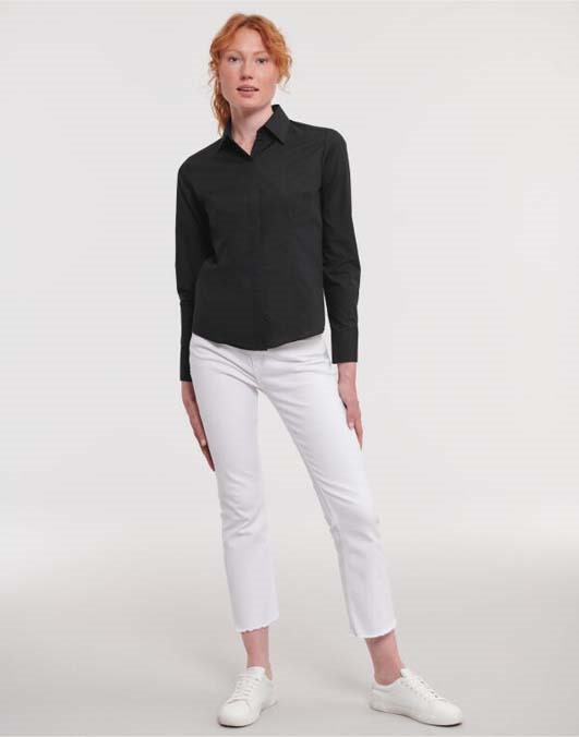 Ladies&#39; Long Sleeve Polycotton Easy Care Fitted Poplin Shirt